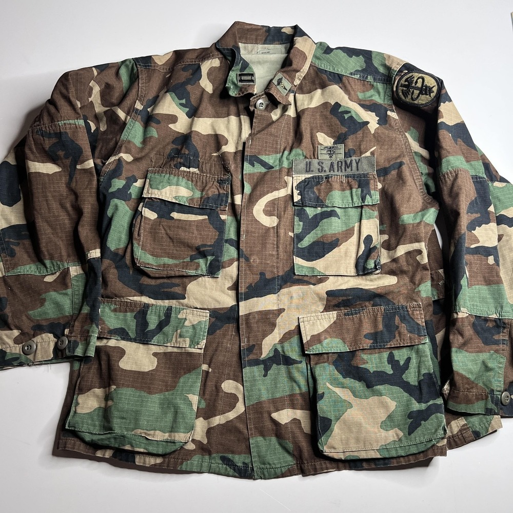 Vintage Military Jacket Mens Medium Green Camo Ripstop BDU Woodland US Army‎ 80s